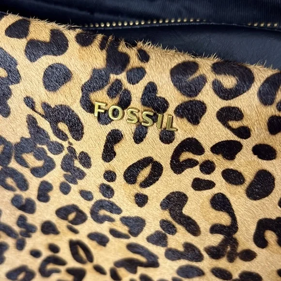 Fossil Black Leather Leopard Cheetah Print Handbag Satchel - Picture 2 of 16